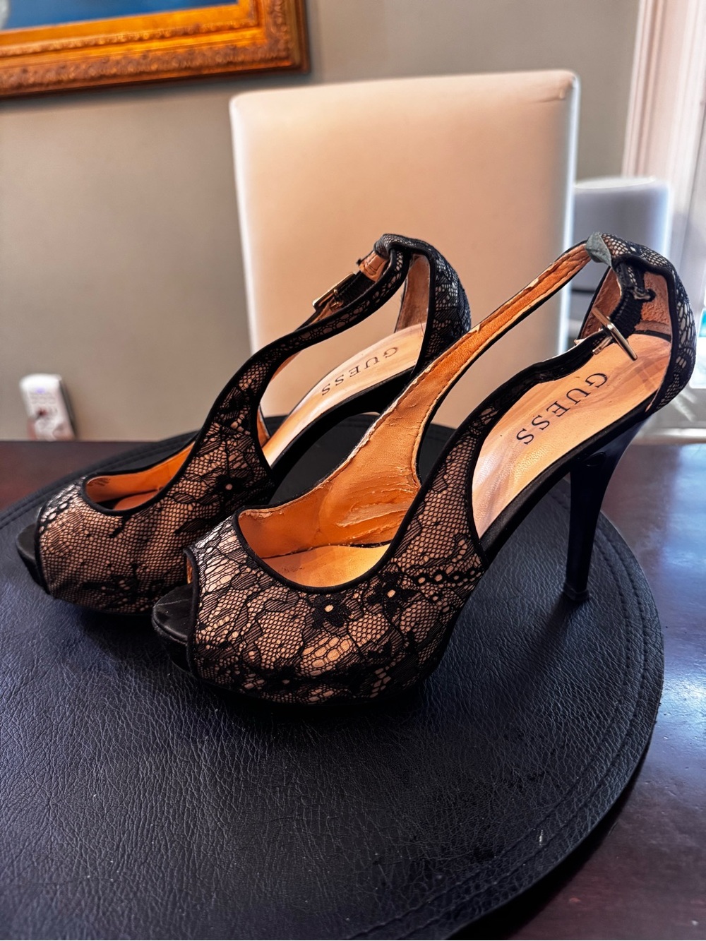 GUESS Black Lace Peep-Toe High Heel Platform Sandals